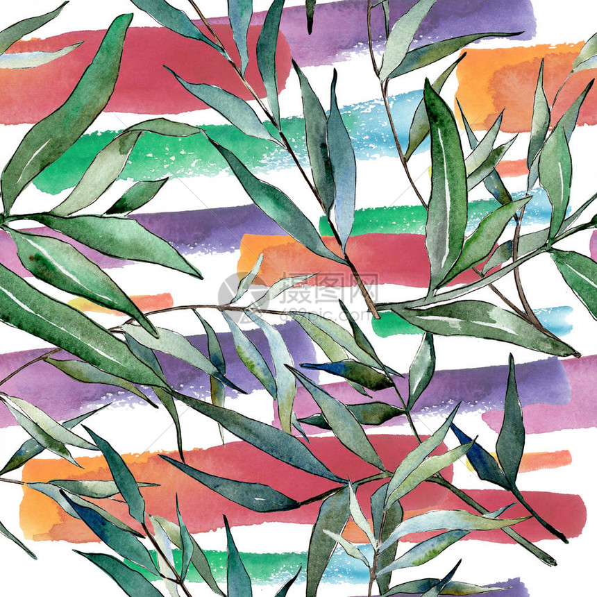 水彩绿柳树枝叶植物园花卉叶子无缝背景图案织物壁纸打印纹理背景纹理包装图图片