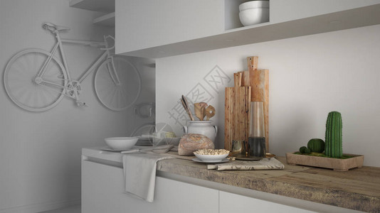 极简主义现代厨房未完成的项目草案与健康早餐当代建筑室内图片