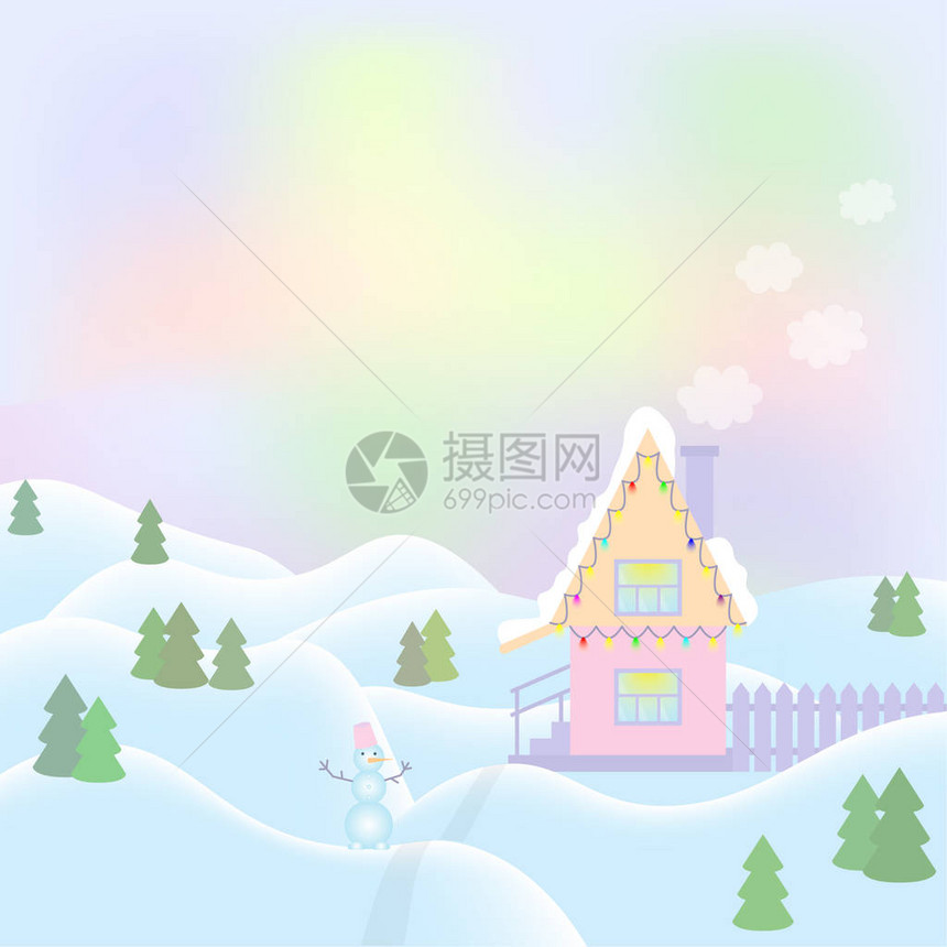 圣诞景观图与房子和雪人的冬天风景圣诞贺卡美丽的圣诞冬季平面景观背景雪景图片
