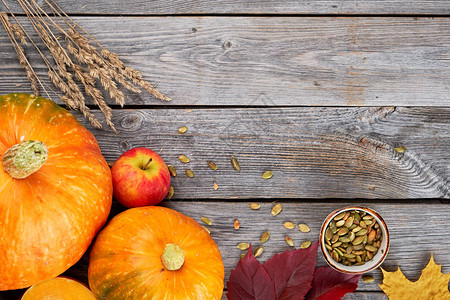 秋天收获感恩节南瓜苹果小麦和木本底落叶图片
