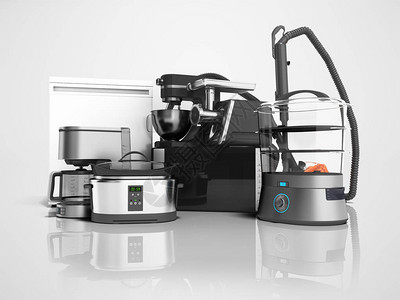 家用电器组真空吸尘器微波咖啡机绞肉机蒸汽机冰箱销售3d渲染灰图片