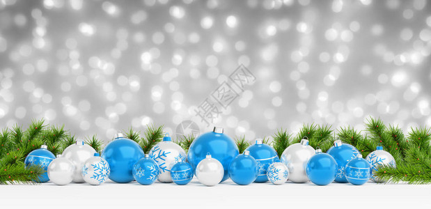 蓝色和白色的圣诞小玩意在灰色的雪背景3D渲染上排列图片