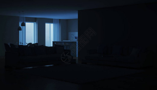 现代室内蓝色厨房晚上夜背景图片