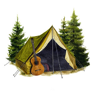 用水彩手绘吉他的帐篷的图片图片