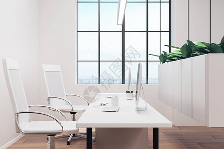 办公室内有家具风格设计和工作场所概念图片