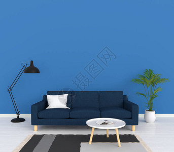 客厅里的蓝色沙发和灯3D渲染图片