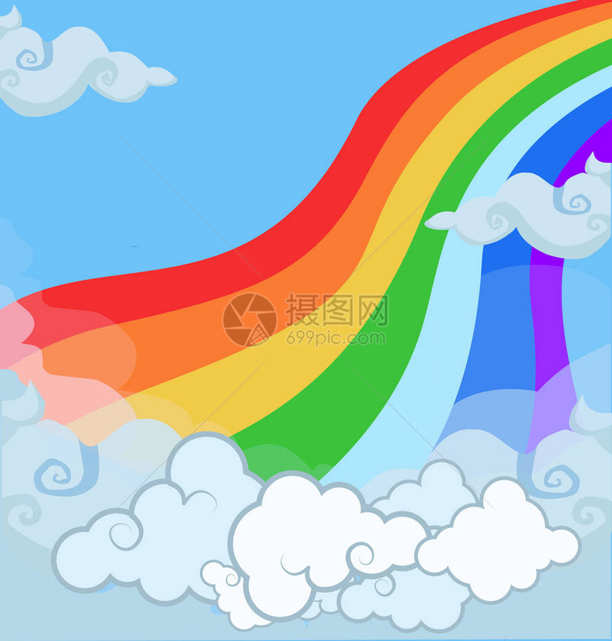卡通色彩鲜艳的婴儿插图在多云的天空中幻想神奇的风景彩虹与云的抽象纹理关闭视图和复制空间模板独图片