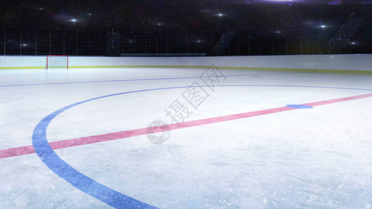 冰球场中场总视角和摄像机闪烁背后曲棍球和滑冰场室内三维渲染背景图片