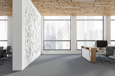 现代办公室的内部有白色六角形图案的墙壁铺有地毯的地板白色和木制的电脑桌以及左侧的会议室背景图片