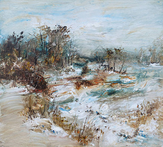 森林边的冬季风景油画图片