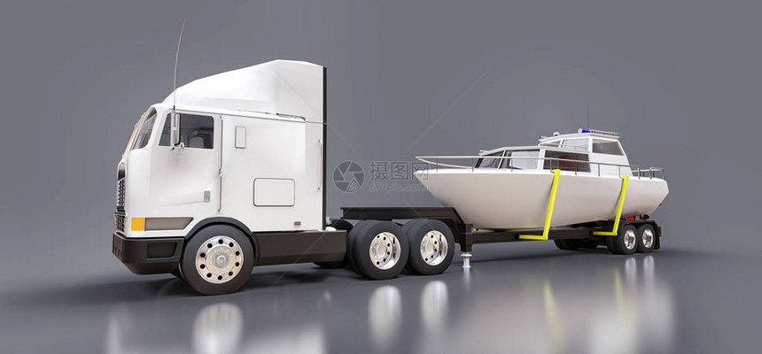 一辆大白色卡车和一辆拖车用灰色背景运输图片