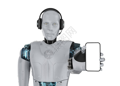 聊天机器人概念与3d渲染类人机器人与耳机持有背景图片