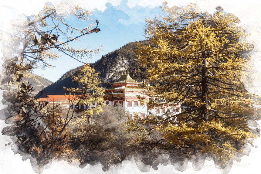 清古修道院水彩色图片