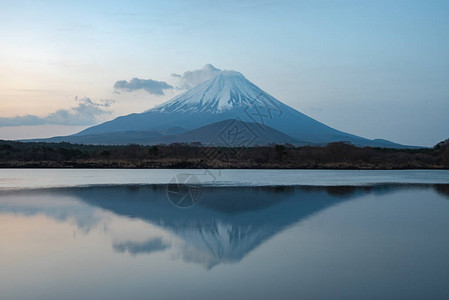 世界遗产富士山早上在精进湖Shojiko的景色日出时的富士山倒影日本山梨县富士五湖地区旅游背景图片