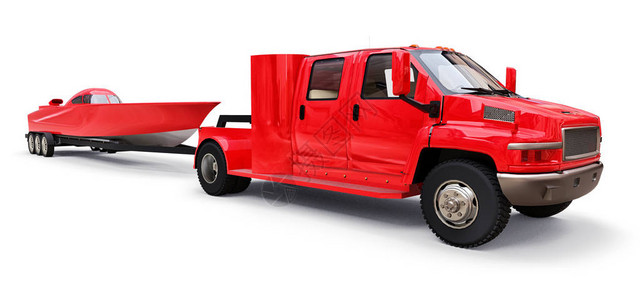 大红色卡车拖车运输赛艇的白色背景图片