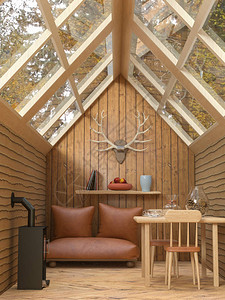 3D在树林中用玻璃屋顶沙发壁炉桌子和椅子图片