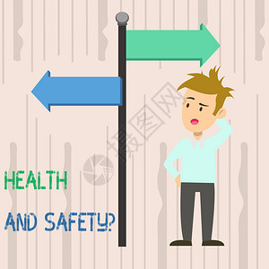 写笔记显示健康和安全问题防止事故或伤害的法规和程序的商业概念与指向相反方向的图片