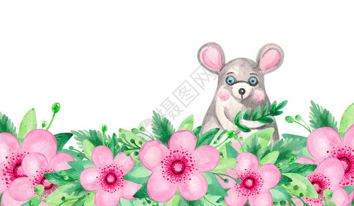 红粉色花朵樱桃干叶绿水彩色插图背景图片