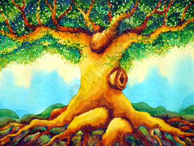 大橡树复古树水彩画插手绘背景图片