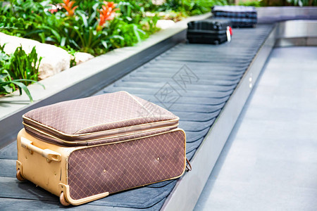 传送带上的手提箱在机场行李提取区被绿色背景图片