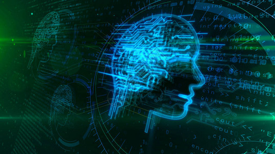 人工智能深度机器学习和网络思维概念3d插图动态数字背景下具有未来控制论大脑的脸形全息图深背景图片