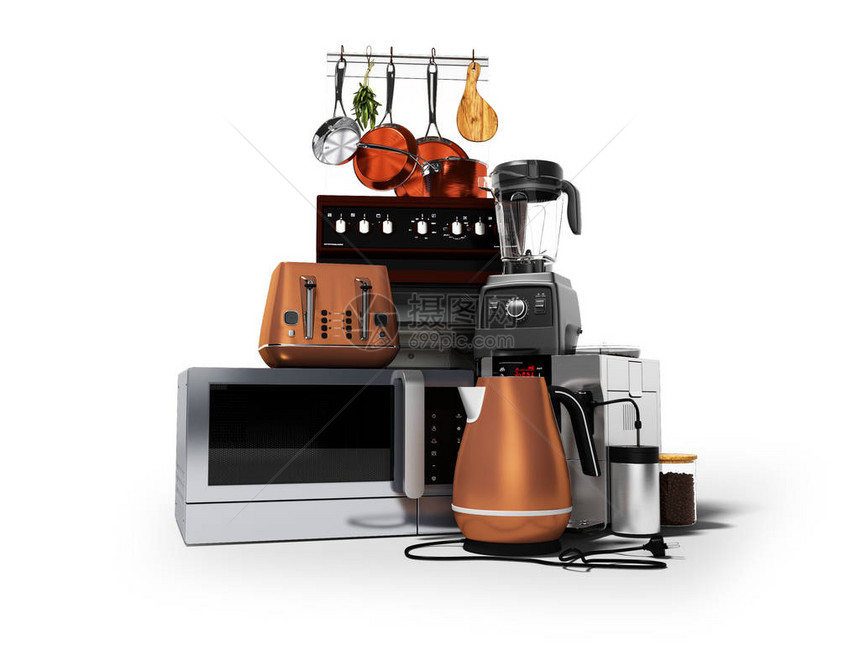 概念组电器微波咖啡机搅拌机电饭煲带电烤箱3d渲染白图片