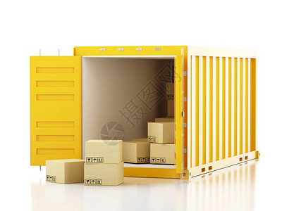 装有纸板箱的开放集装箱全球航运和交货概念孤立白背图片