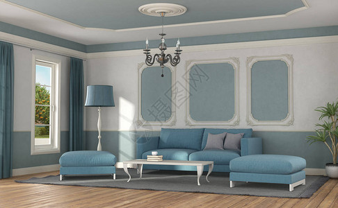 现代蓝色沙发和脚凳在经典风格图片