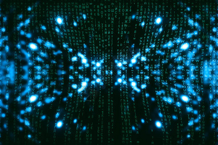 蓝绿色矩阵数字背景抽象的网络空间概念绿色字符掉下来自符号流的矩阵虚拟现实设计复杂的算法数据黑客背景图片