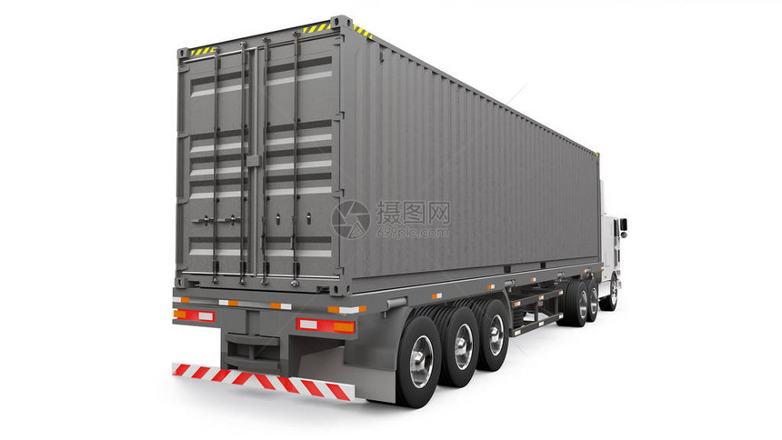 一辆带有睡眠部分和空气动力学延伸部分的大型复古白色卡车携带一辆装有海运集装箱的拖车图片