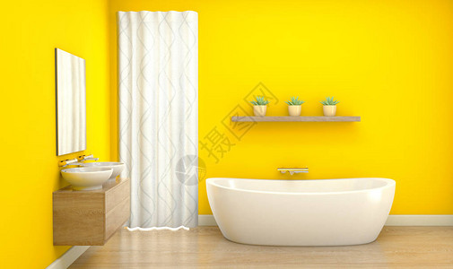 浴室的内部有黄色墙壁现代浴缸和木质反光地板图片