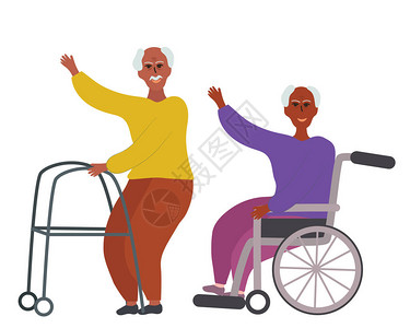 坐在轮椅上的老人和助行器老年人生活方式概念平面卡通图片