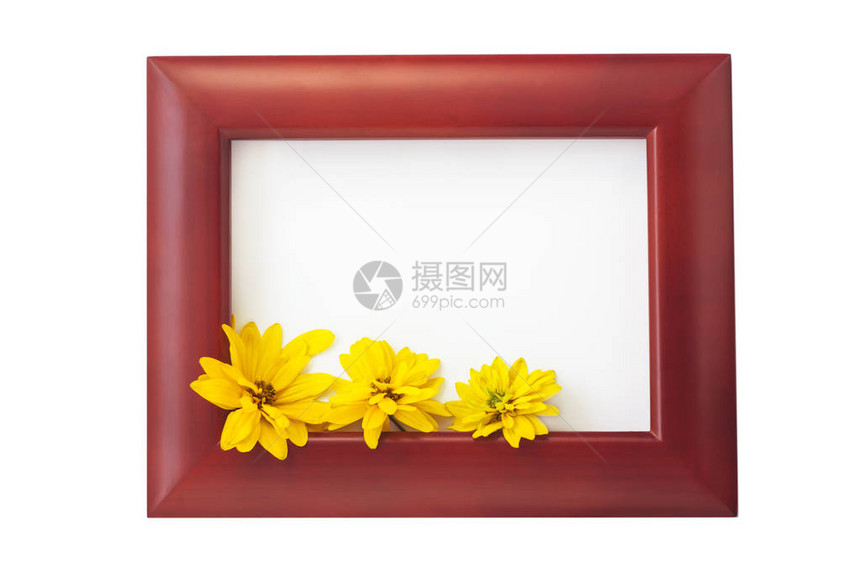 棕色木制相框与白色背景上的黄色花朵你好秋天卡家居室内装饰样机文本空间美丽的自然图片