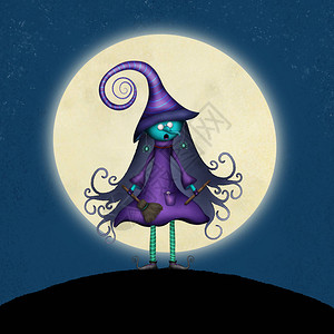 数字画的卡通巫婆拿着一根破碎的扫帚站在一个黑暗的山丘上图片