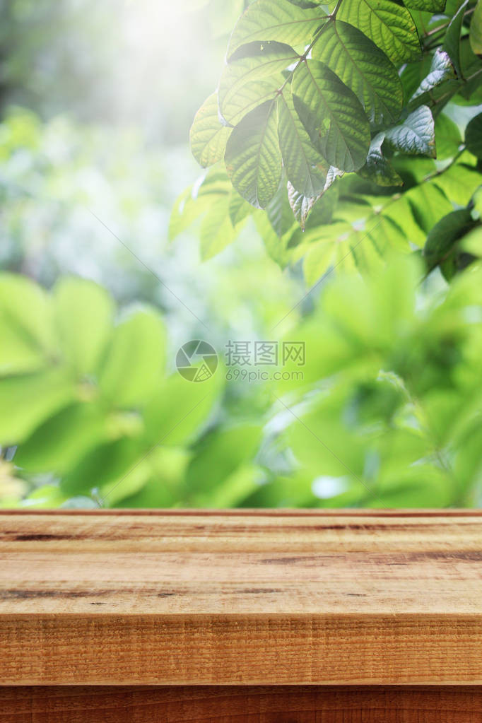 美丽的阳光模糊了绿色自然的花园背景和木制桌子图片