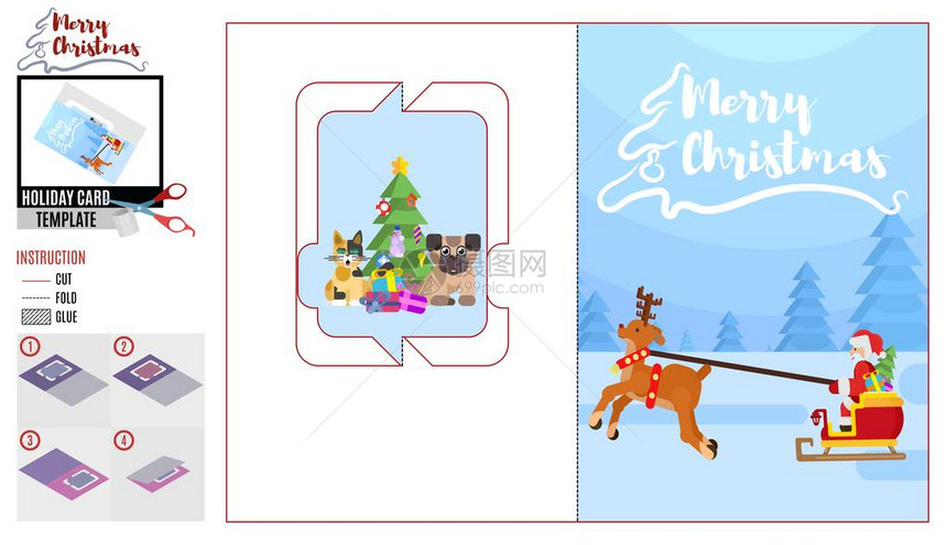贺卡剪裁假日圣诞节圣诞老人和动物平面样式图片