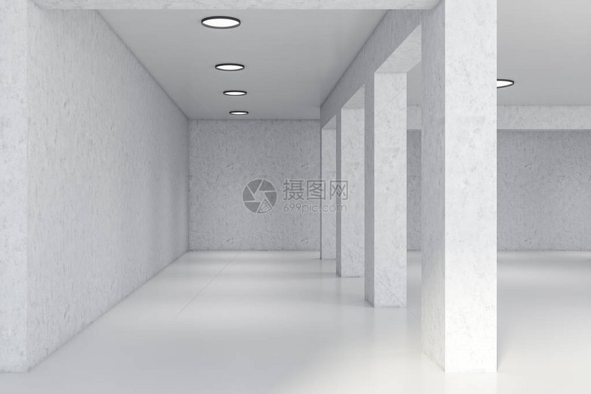 内置用白色墙壁拱门混凝土地板和圆筒灯的工业式空办公大楼内部图片