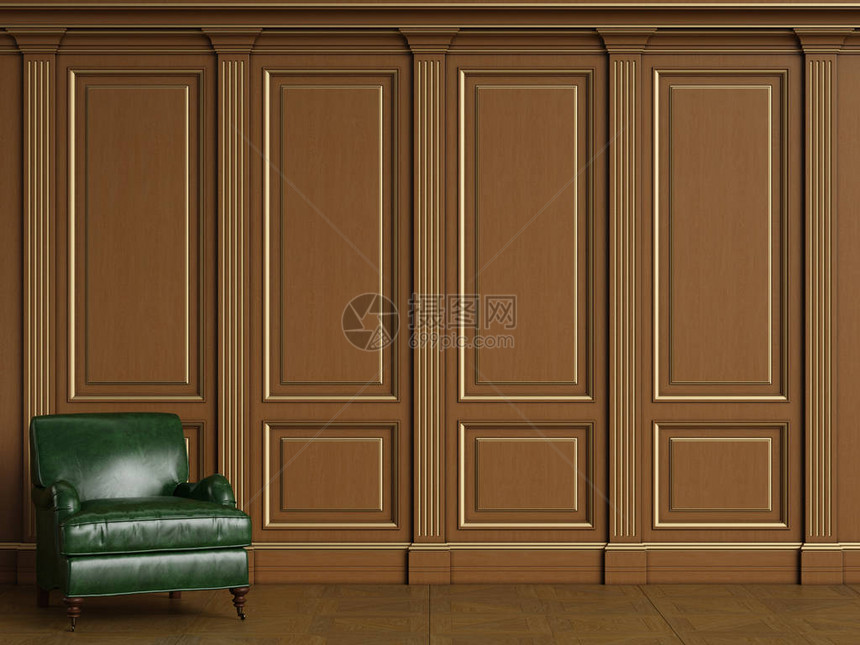 经典的绿色armcahir在经典的室内与复制空间经典的木制boiserie与镀金的造型经典的门地板镶木地板数字插图图片
