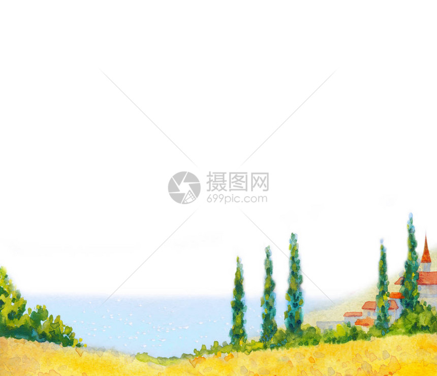 手绘明亮的水彩颜料素描场景白纸背景复古风格风景秀丽的海洋户外海岸日复制空间艺术品秋季谷物玉米旅游城镇景图片