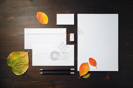 空白的公司文具和明秋叶背景图片