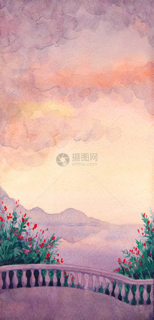 明亮的彩色手绘水彩颜料素描艺术品风格场景在光背景下文本空间多云的天堂郁葱的粉红色平静岩石山悬崖树植物图片