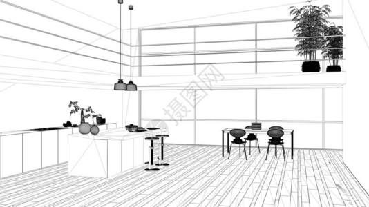 蓝图项目草案与岛屿一起的最低限度厨房椅子餐桌面板梅扎九大型全景窗竹子图片