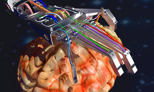 寓言3D插图人工智能的操纵者破坏人类或改善人类大脑的状况蓝色图片