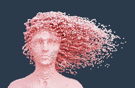 粉色像素女头和3D像素在蓝色背景上的头发图片