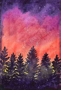 水彩圣诞明信片枞树日落图片