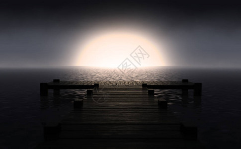 木制船在清凉的水面上弹着太阳在暗光的地平线上升背景图片