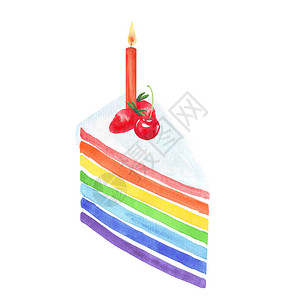 水彩虹蛋糕配草莓樱桃和蜡烛贺卡海报模板生日周年纪念用浆果图片