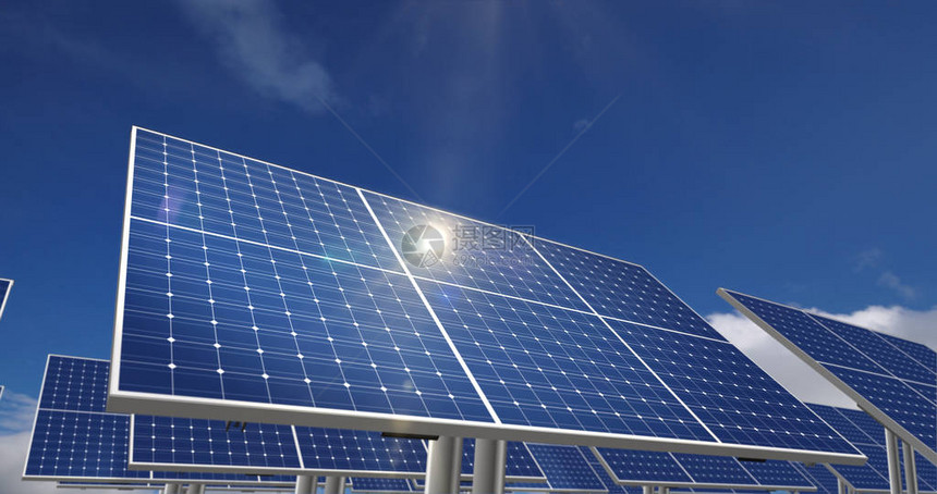 背景中有太阳反射和蓝天的太阳能电池板绿色电力生态清洁和替代能源概念光伏电池loopable和无缝3d渲染ilust图片