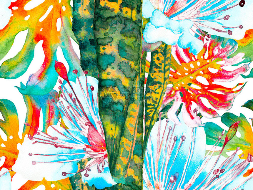 橙色和绿色夏季花卉背景植物森林插图异国情调的泳装设计夏威夷水彩画水彩叶无缝图案图片