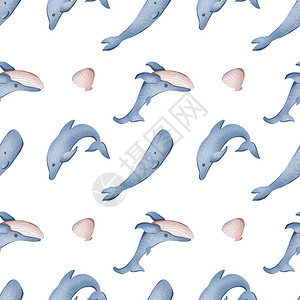 数字儿童书籍插图案的海洋软蓝鲸海豚和抹香鲸在白色背景打印织物卡片横幅图片